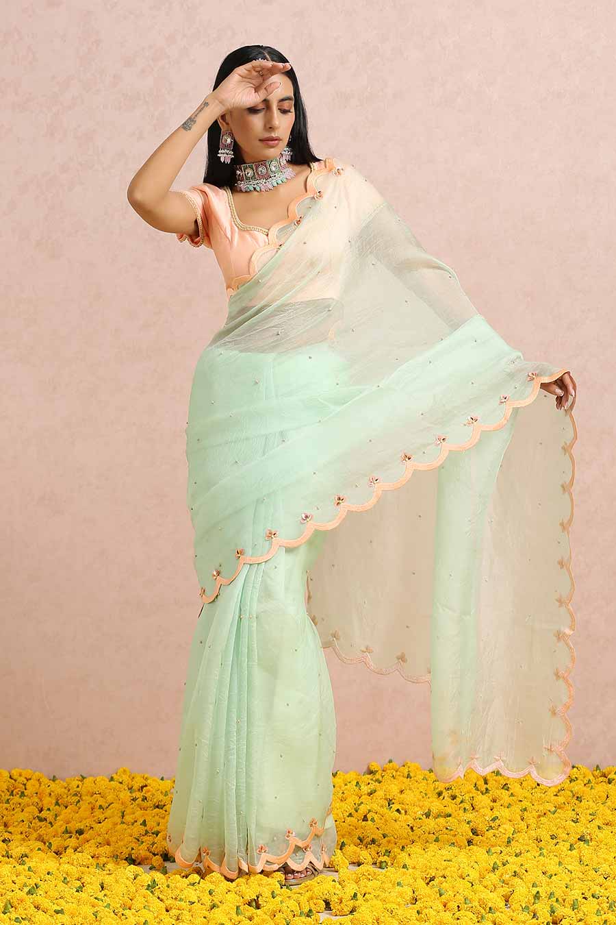 Mint Organza Saree & Peach Blouse Set