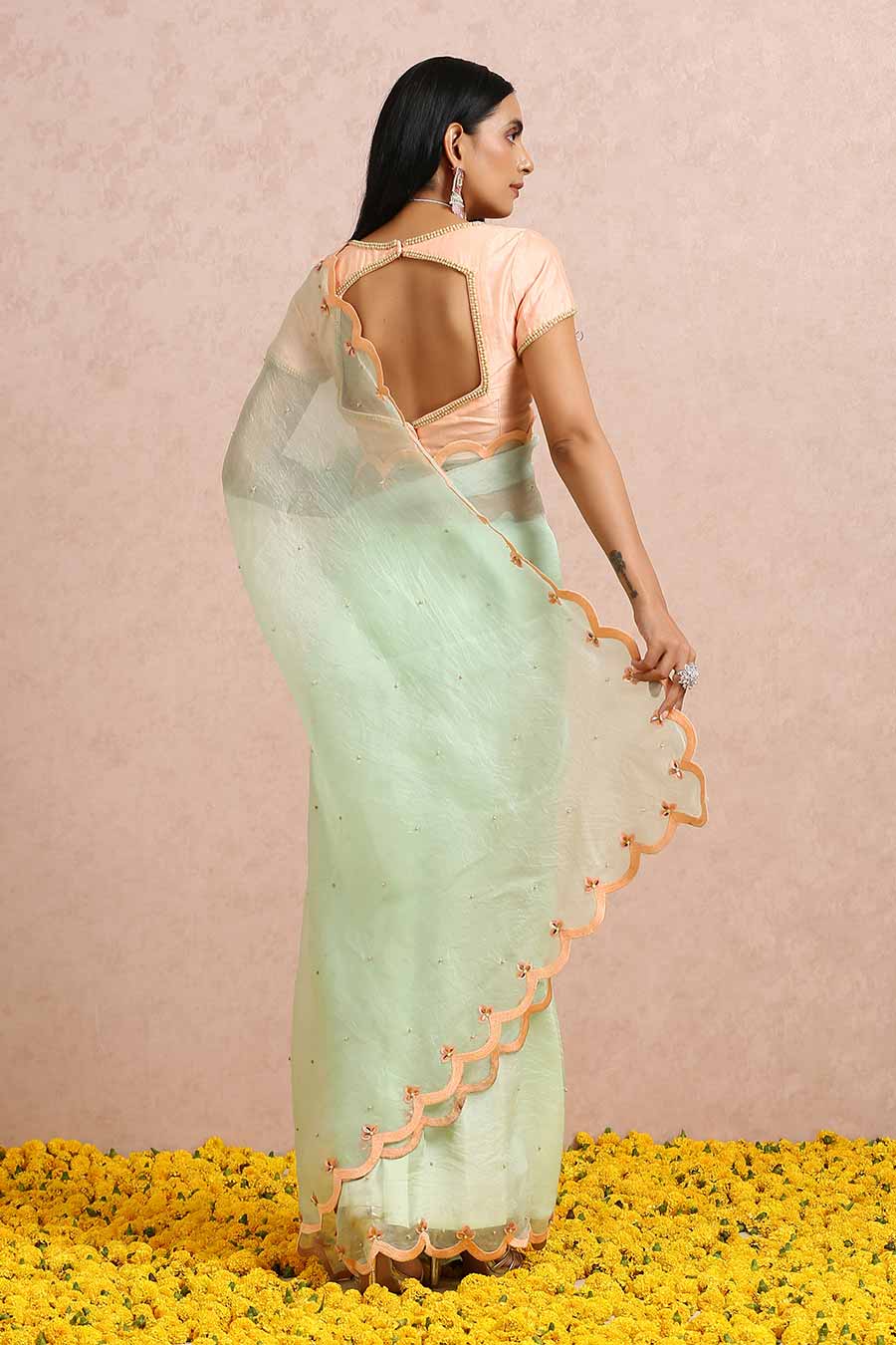 Mint Organza Saree & Peach Blouse Set
