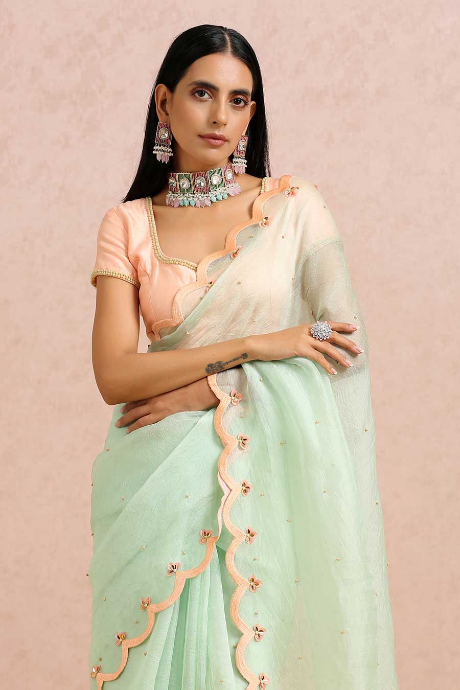 Mint Organza Saree & Peach Blouse Set