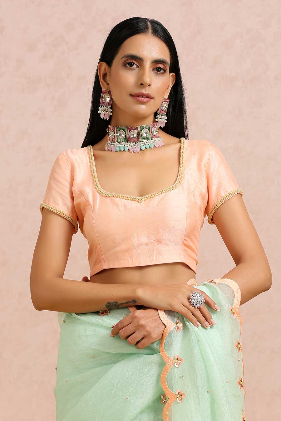 Mint Organza Saree & Peach Blouse Set