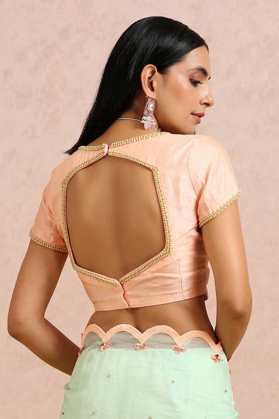 Mint Organza Saree & Peach Blouse Set