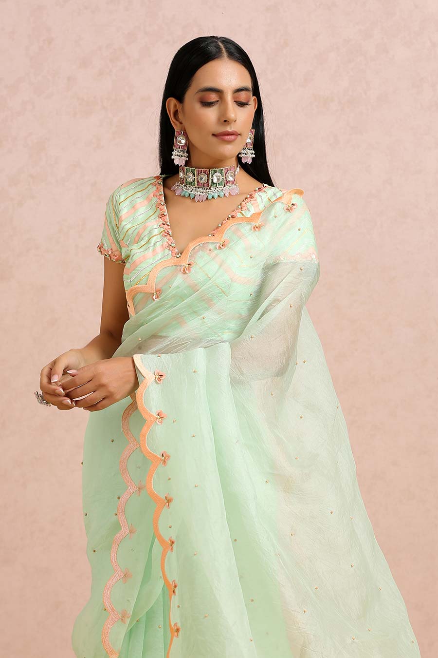 Mint Organza Beaded Saree & Blouse Set