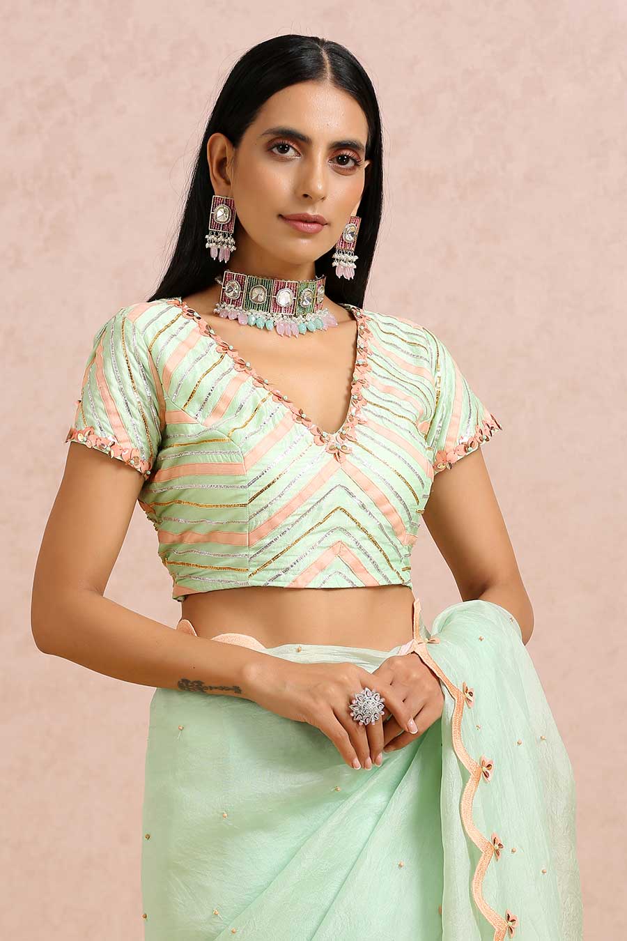 Mint Organza Beaded Saree & Blouse Set