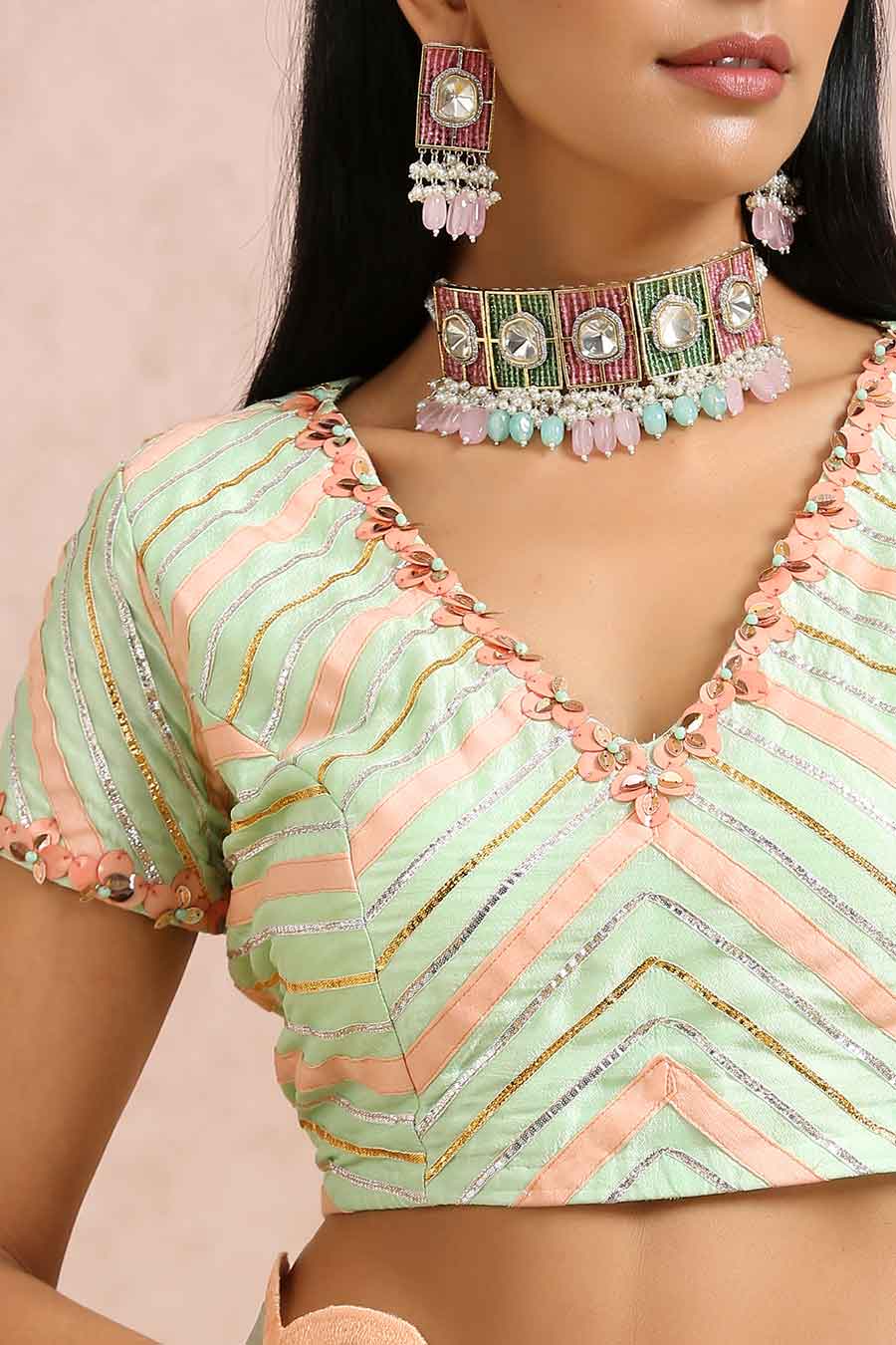 Mint Organza Beaded Saree & Blouse Set