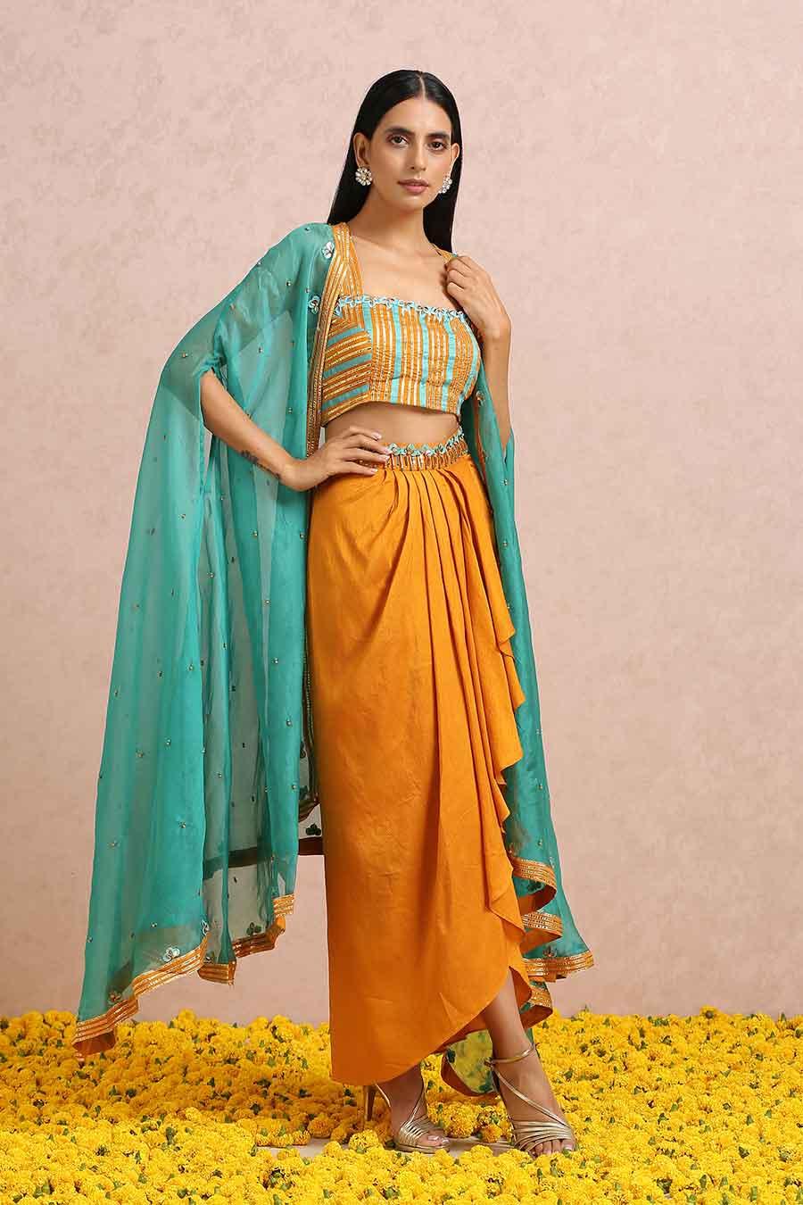 Rust Silk Dhoti Set With Teal Cape