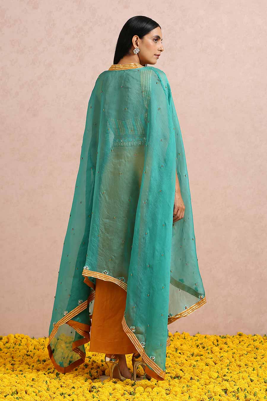 Rust Silk Dhoti Set With Teal Cape