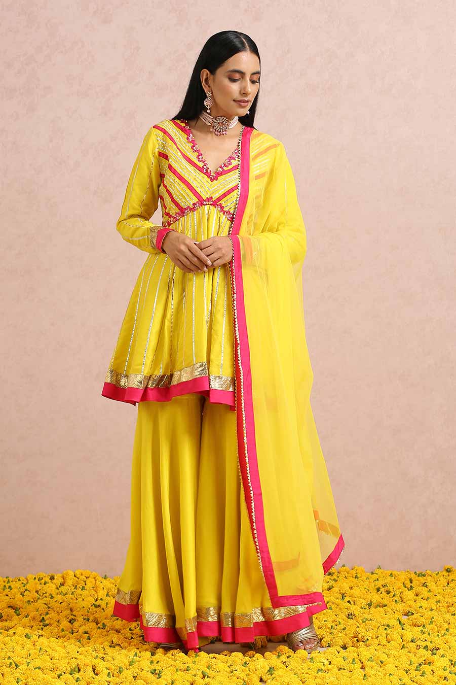 Yellow Silk Gota Embroidered Sharara Set