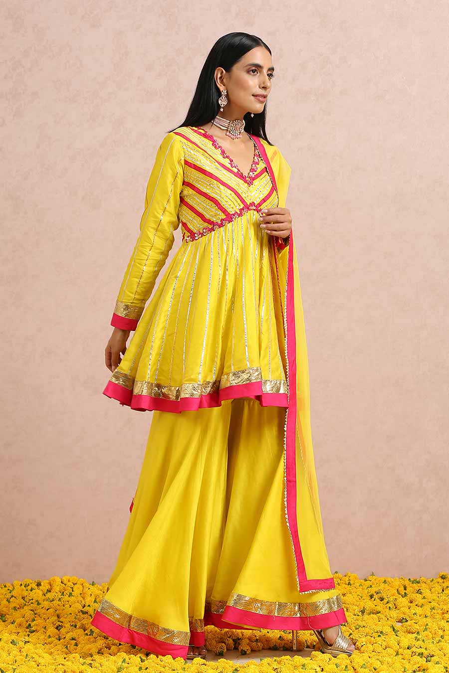 Yellow Silk Gota Embroidered Sharara Set