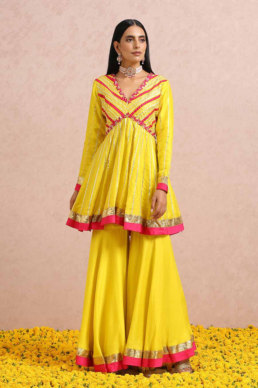 Yellow Silk Gota Embroidered Sharara Set