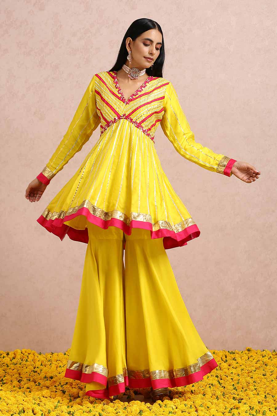 Yellow Silk Gota Embroidered Sharara Set