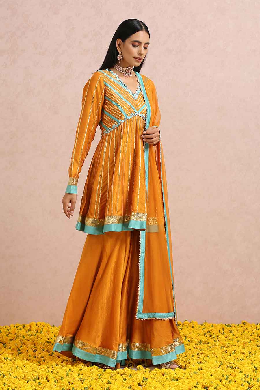 Rust Silk Gota Embroidered Sharara Set