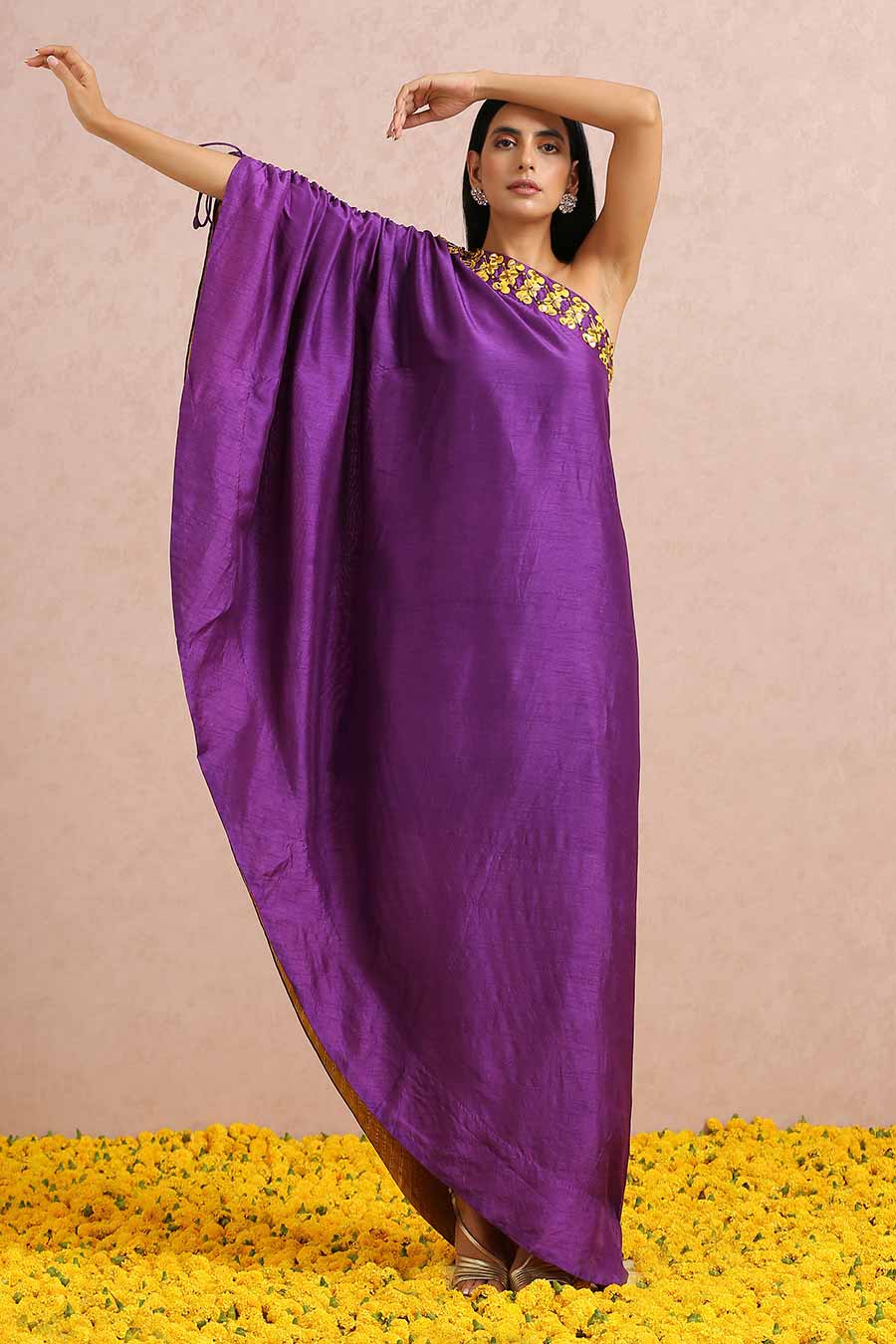 Plum One-Shoulder Embroidered Dress