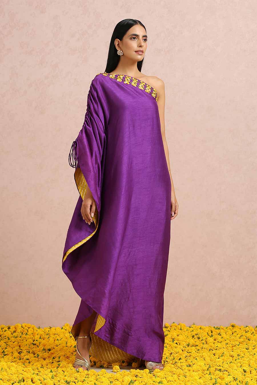 Plum One-Shoulder Embroidered Dress