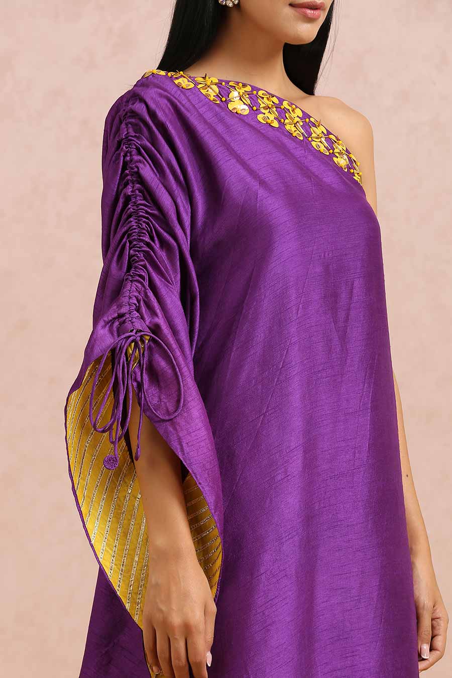 Plum One-Shoulder Embroidered Dress