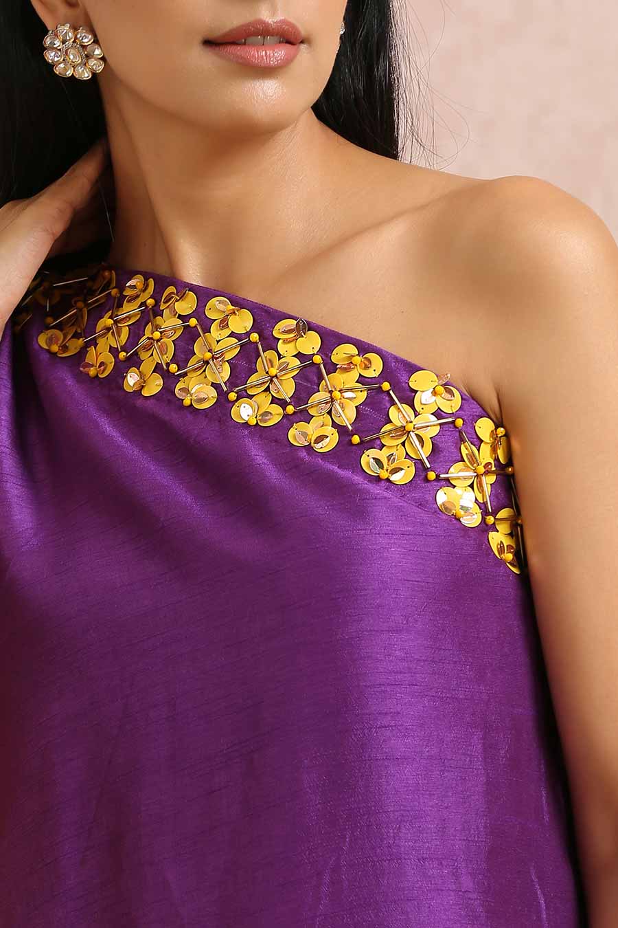 Plum One-Shoulder Embroidered Dress