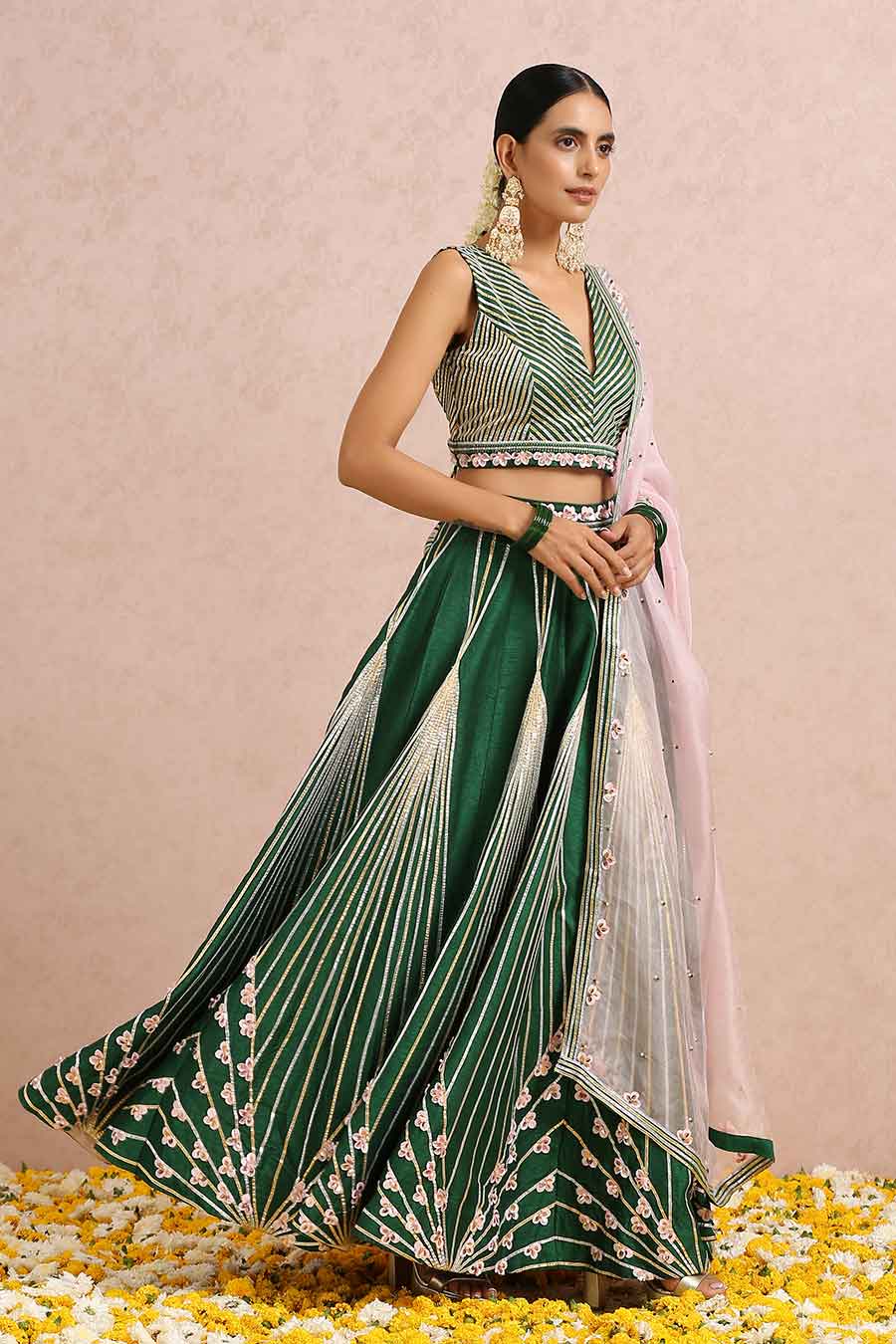 Emerald Green Silk Embroidered Lehenga Set