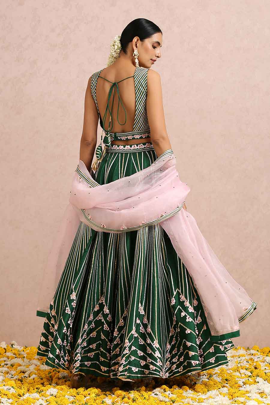 Emerald Green Silk Embroidered Lehenga Set