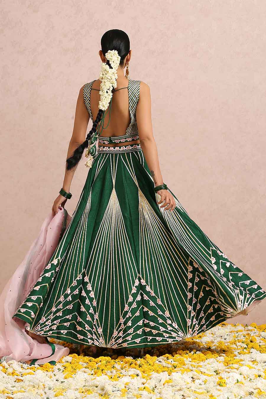 Emerald Green Silk Embroidered Lehenga Set
