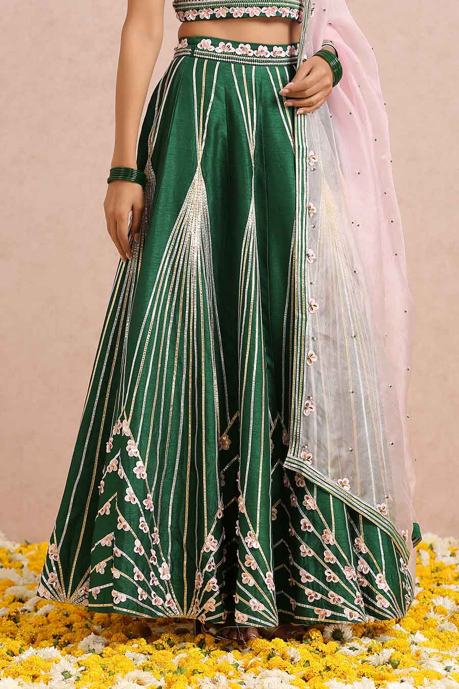 Emerald Green Silk Embroidered Lehenga Set
