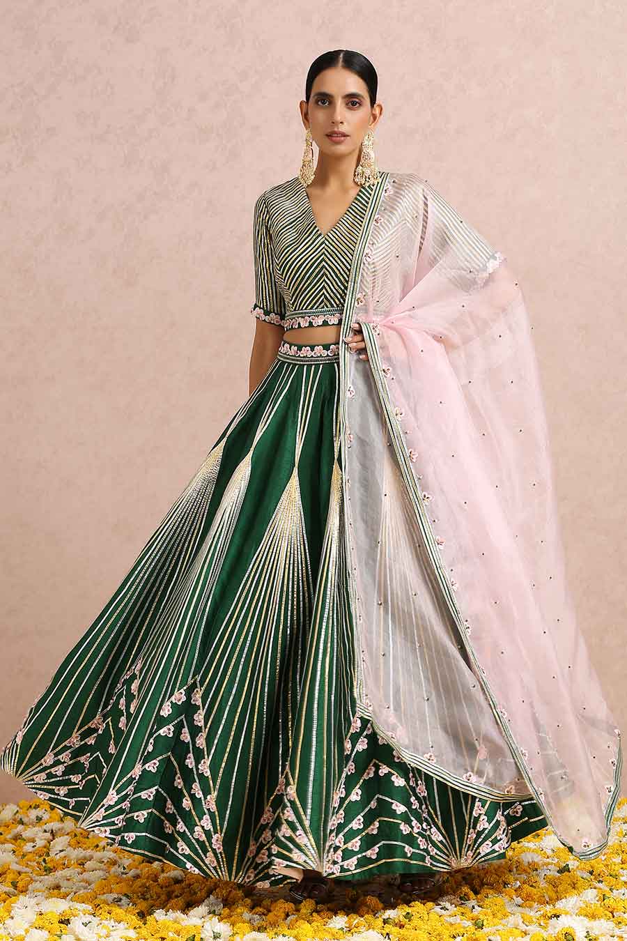 Emerald Green Silk Embroidered Lehenga Set
