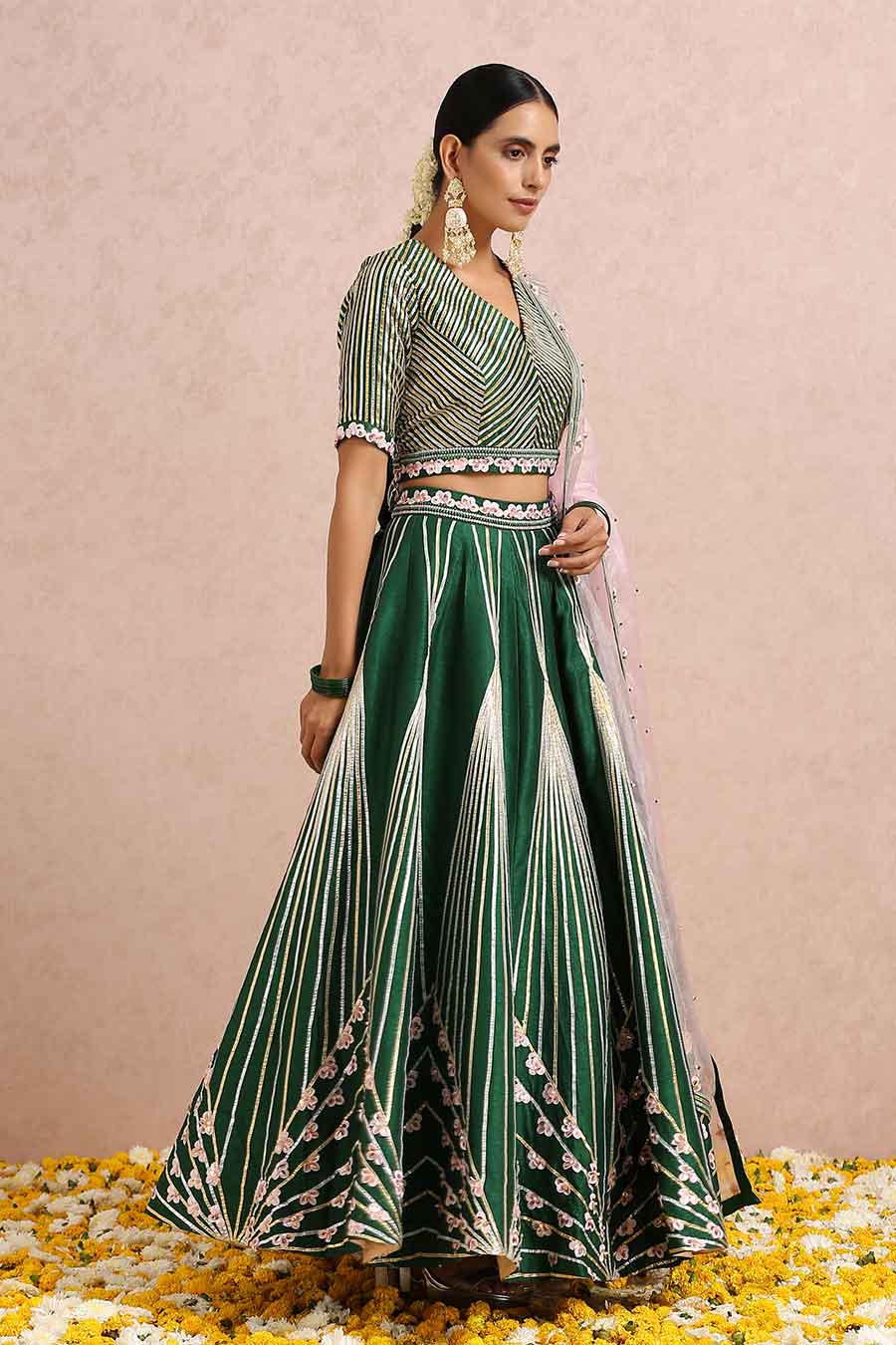 Emerald Green Silk Embroidered Lehenga Set