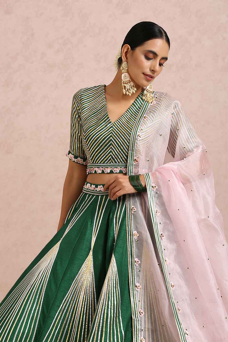 Emerald Green Silk Embroidered Lehenga Set