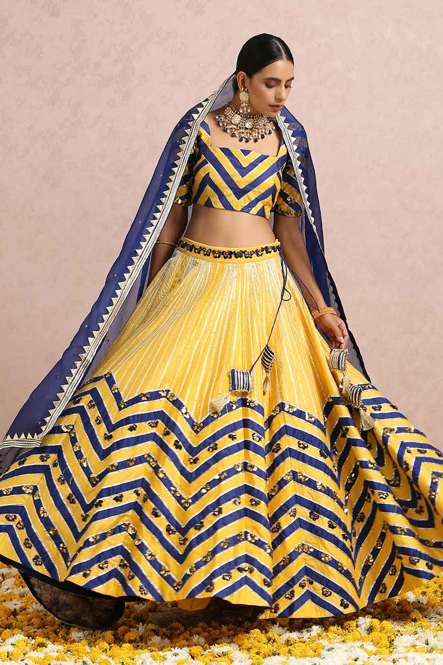 Yellow-Blue Chanderi Embroidered Lehenga Set