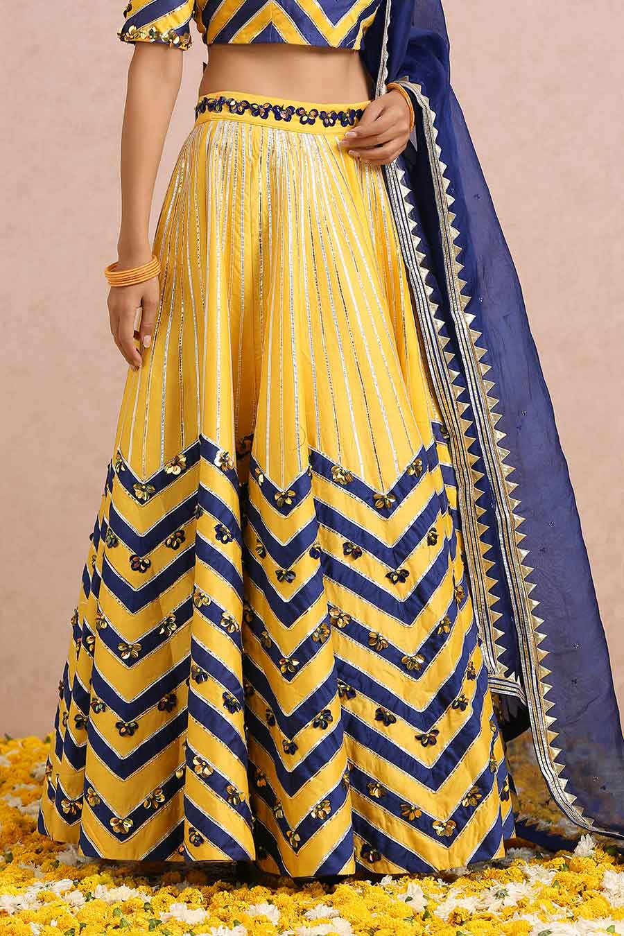 Yellow-Blue Chanderi Embroidered Lehenga Set