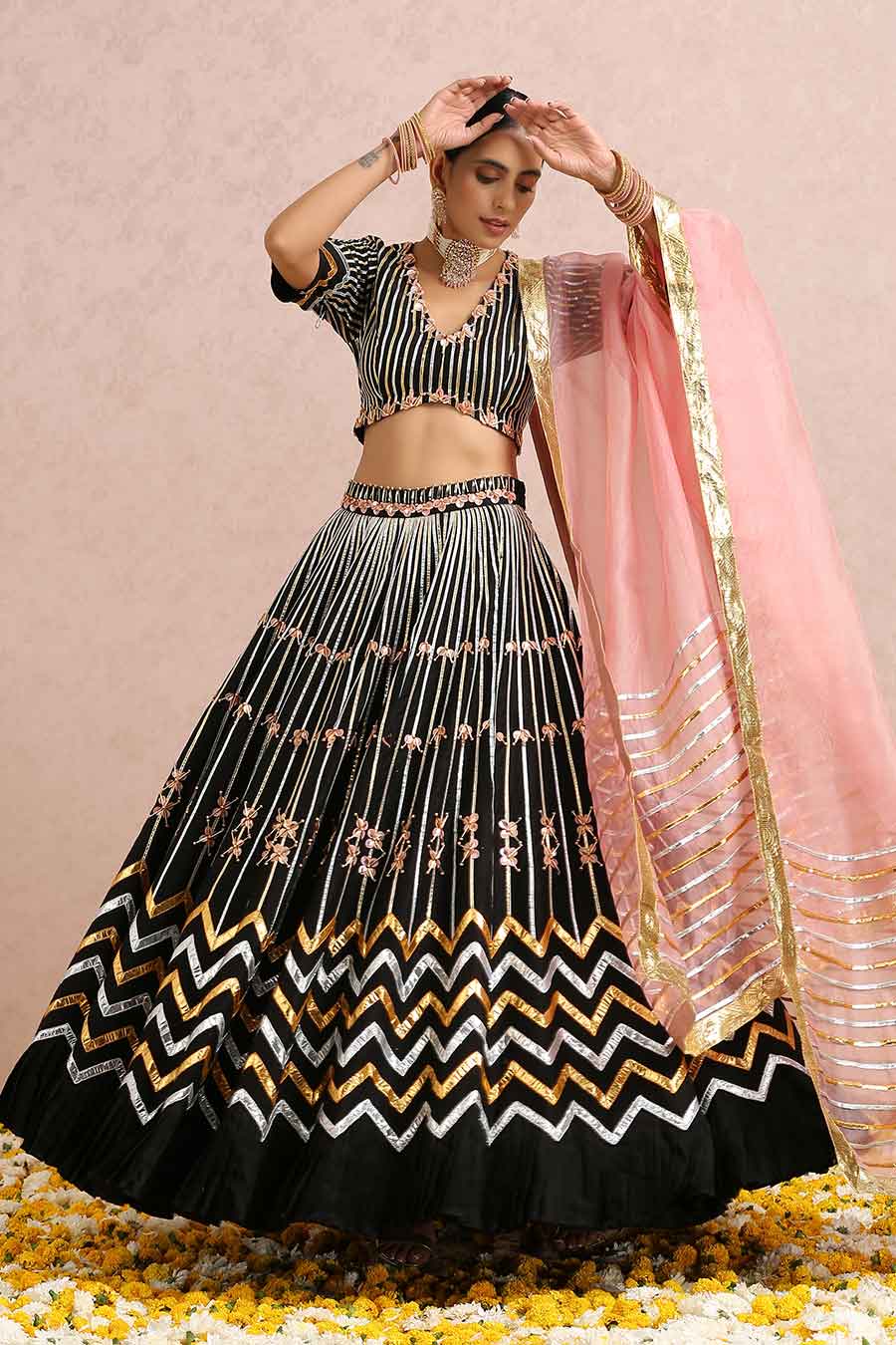 Black Silk Embroidered Lehenga Set