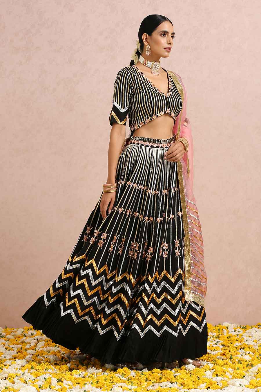 Black Silk Embroidered Lehenga Set