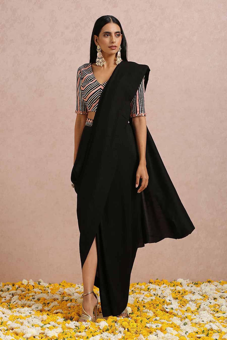 Black Silk Draped Saree & Blouse Set