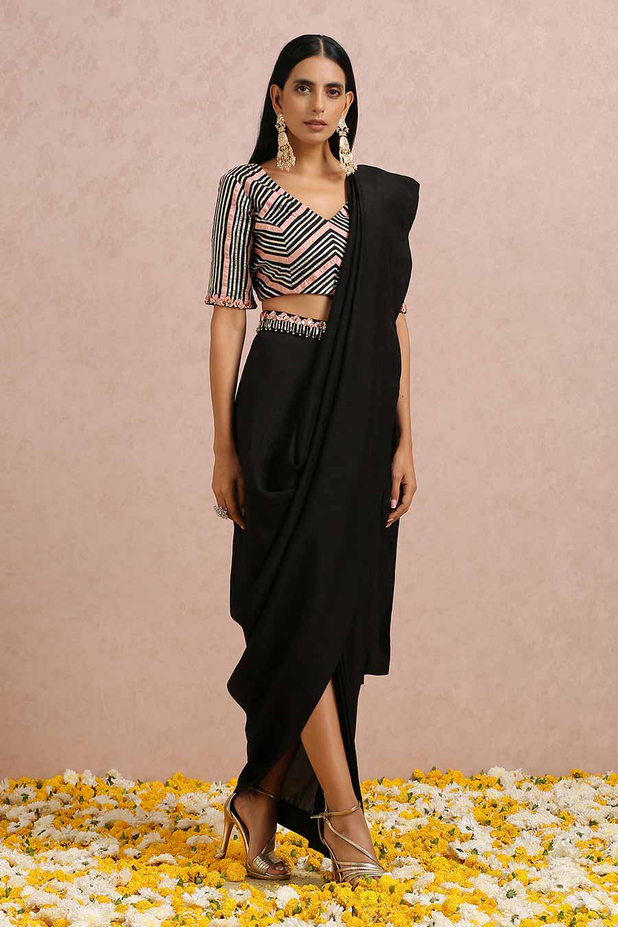Black Silk Draped Saree & Blouse Set