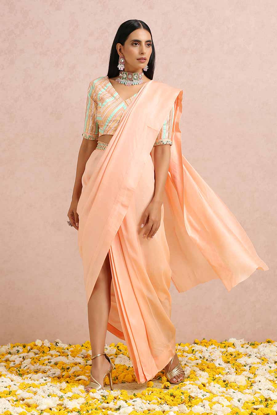 Peach Silk Draped Saree & Blouse Set