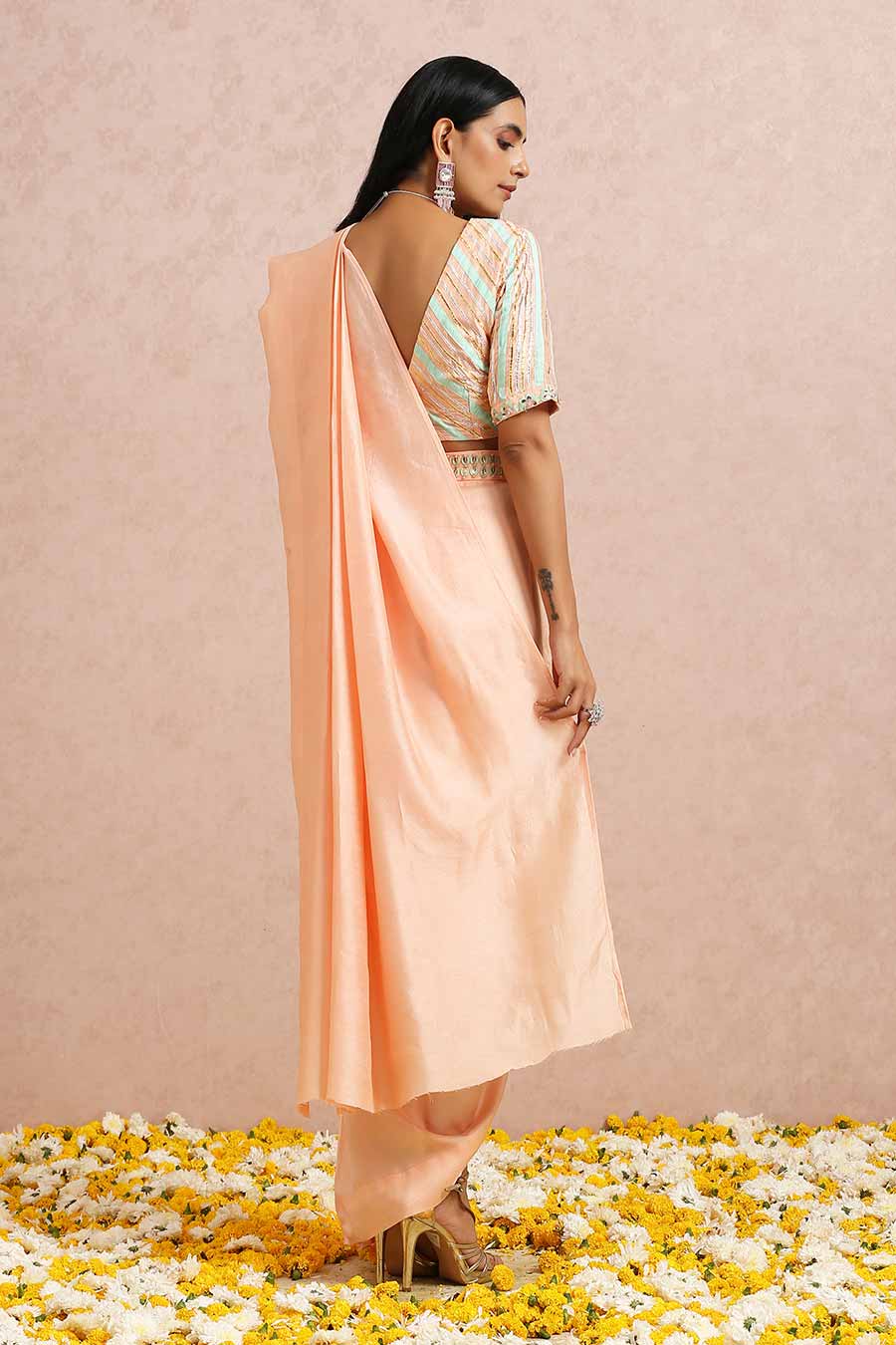 Peach Silk Draped Saree & Blouse Set