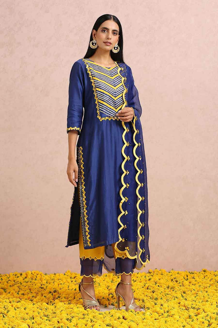 Ink Blue Chanderi Embroidered Kurta Set