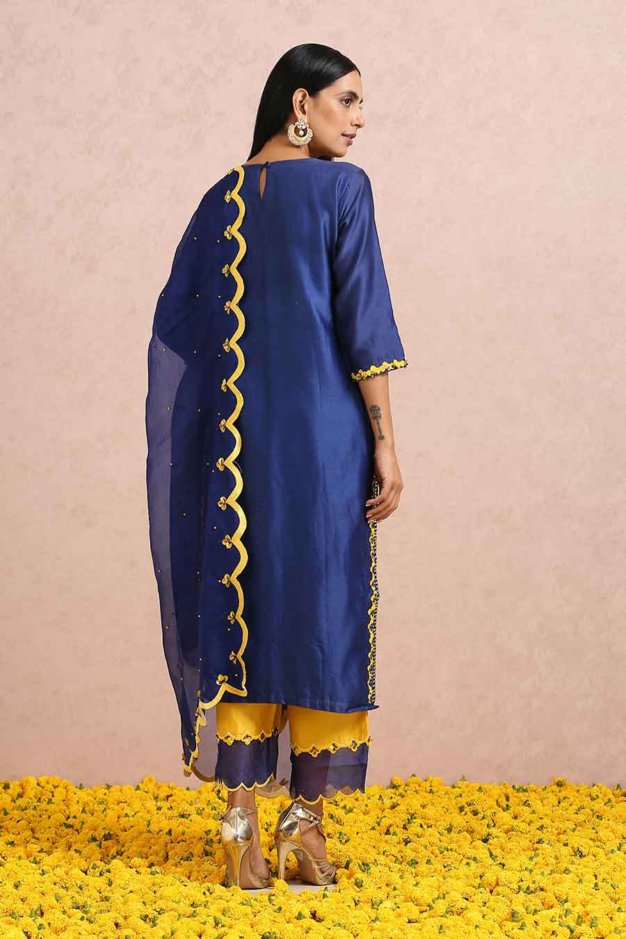 Ink Blue Chanderi Embroidered Kurta Set