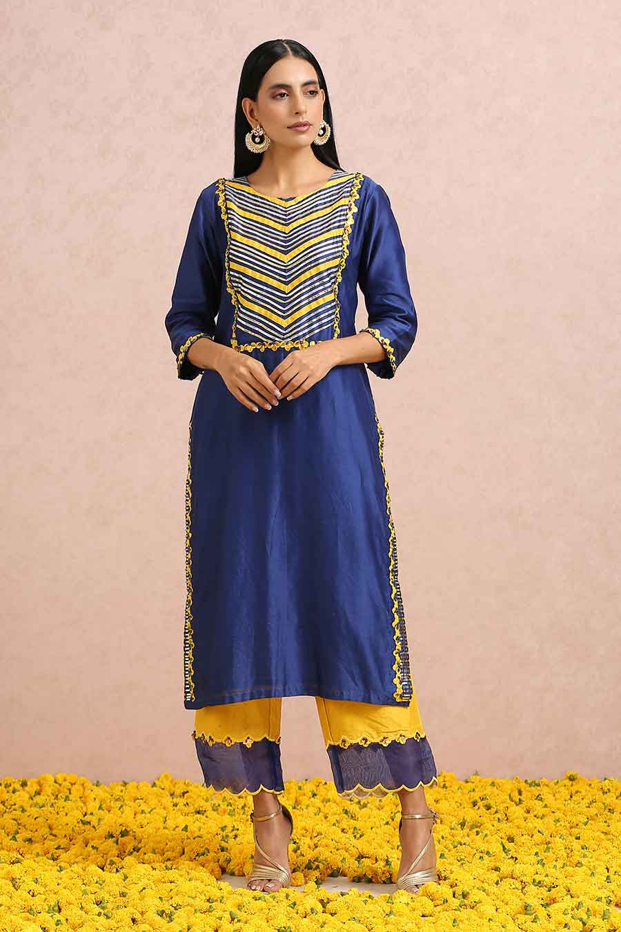 Ink Blue Chanderi Embroidered Kurta Set
