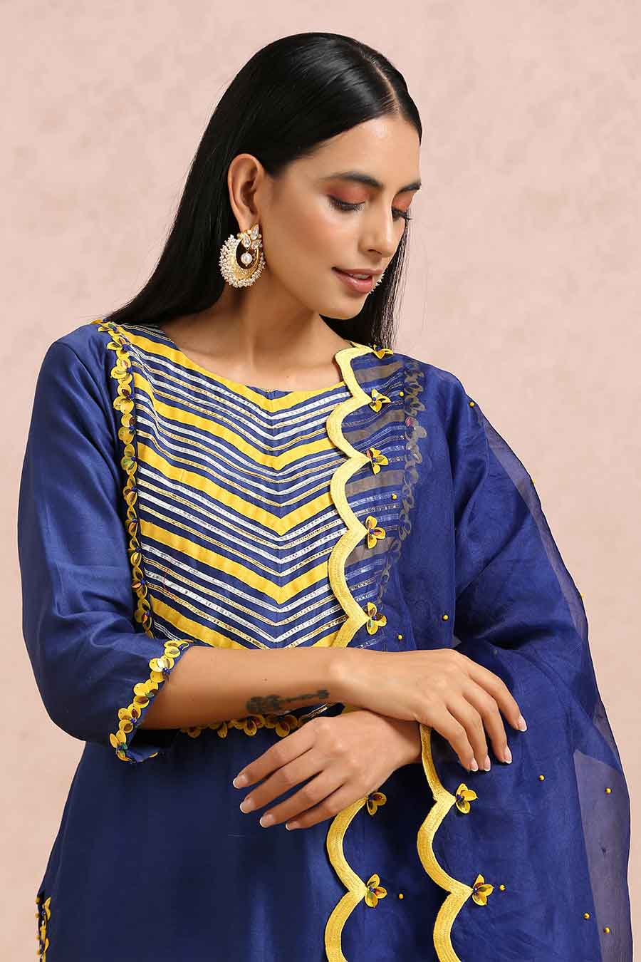 Ink Blue Chanderi Embroidered Kurta Set