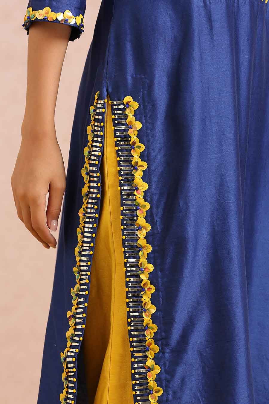 Ink Blue Chanderi Embroidered Kurta Set