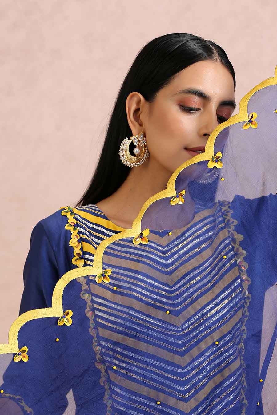 Ink Blue Chanderi Embroidered Kurta Set