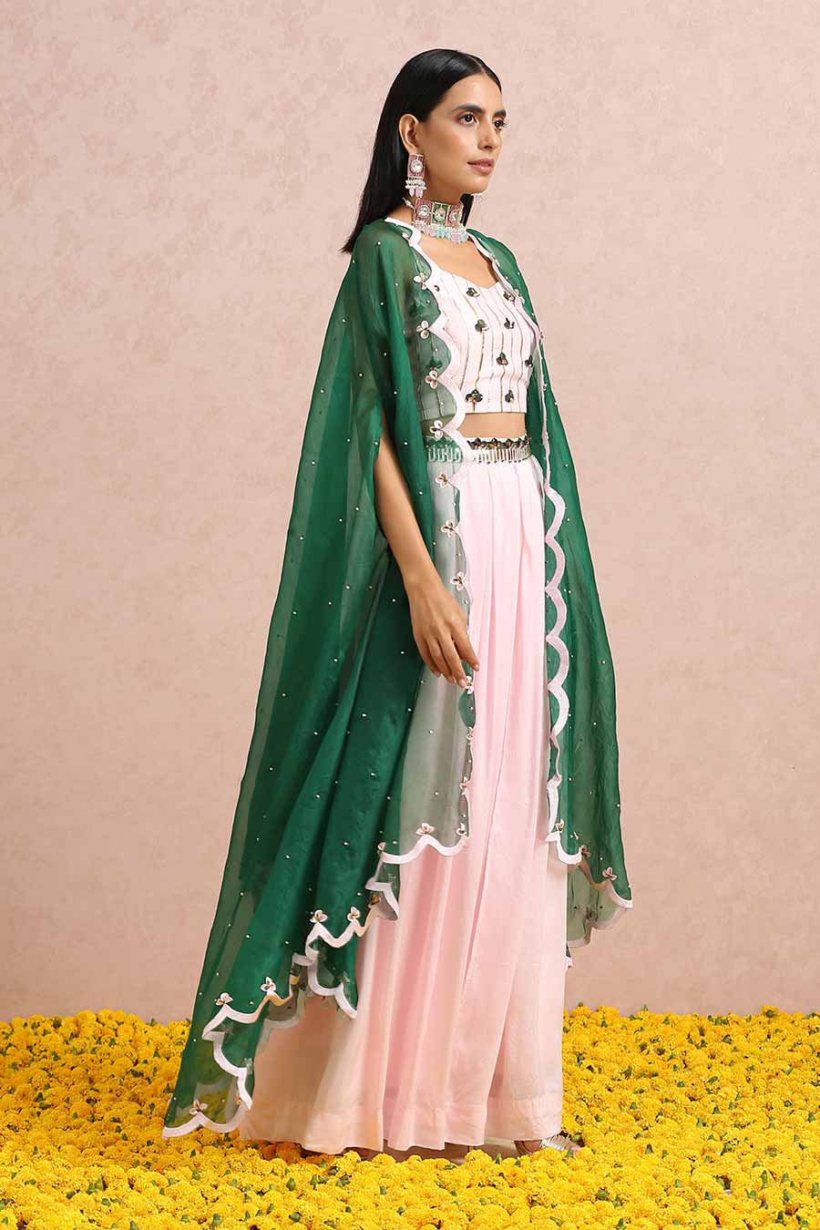Pink Silk Co-Ord Set With Emerald Cape