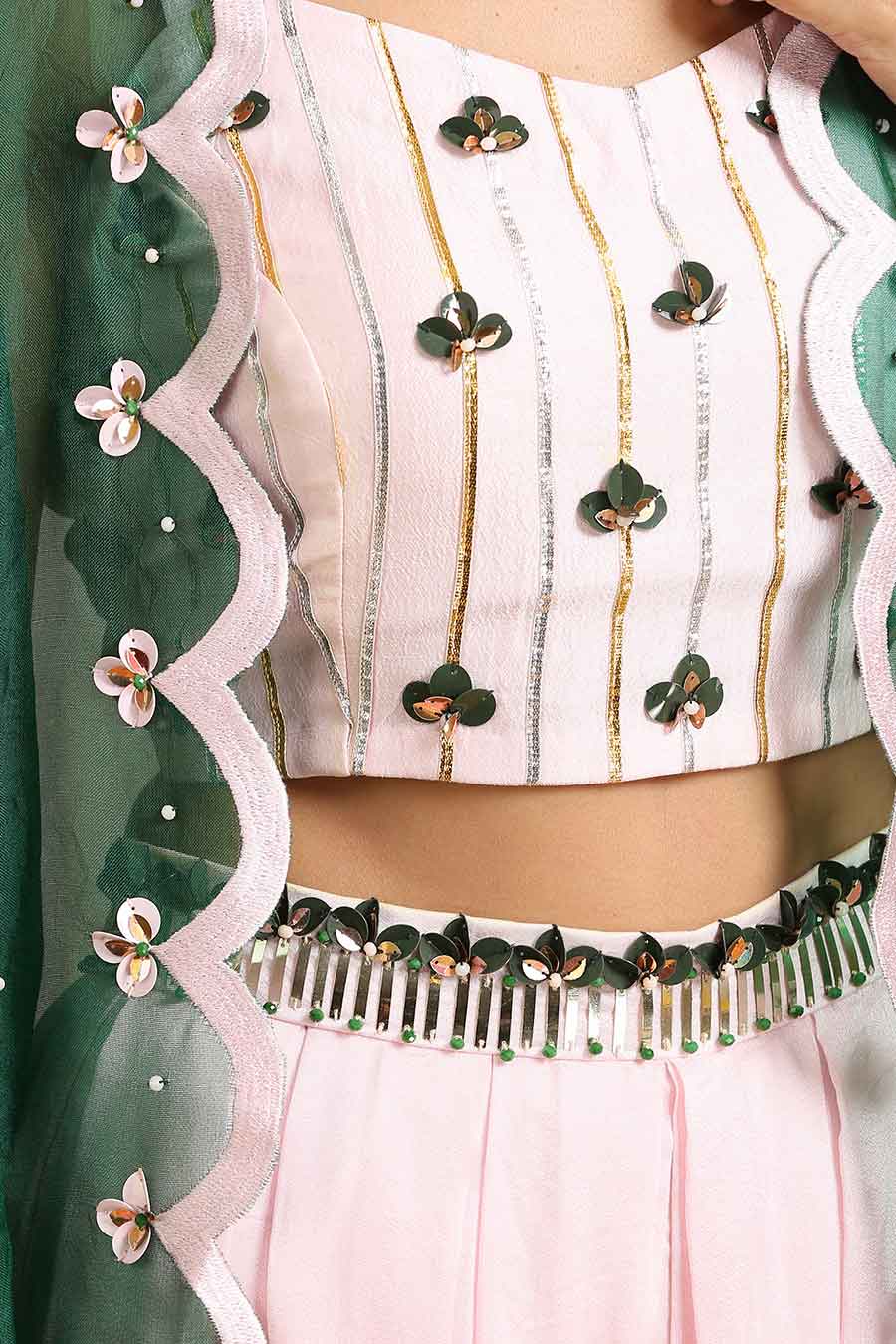 Pink Silk Co-Ord Set With Emerald Cape