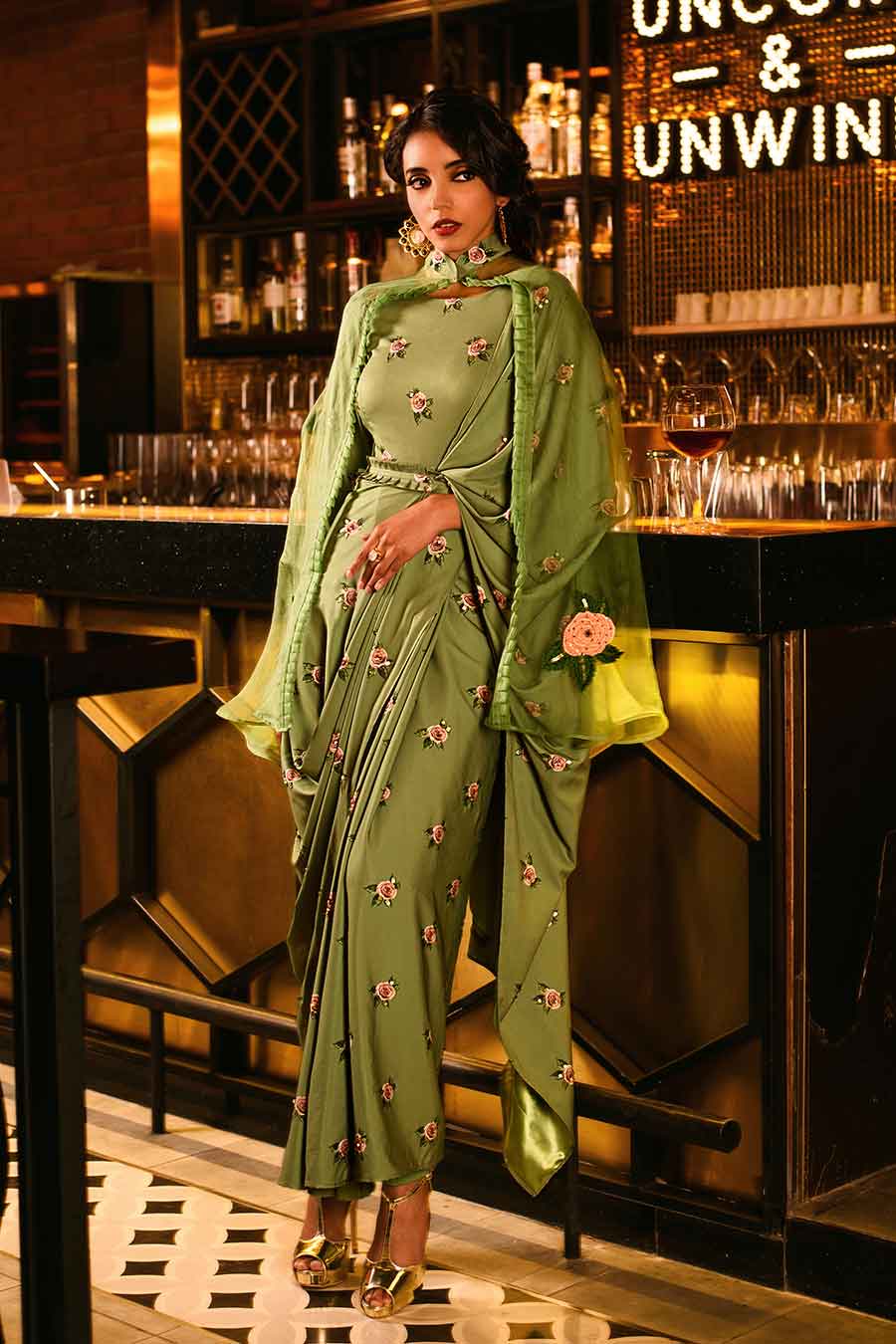 Seafoam Green Saree Dress with Cape