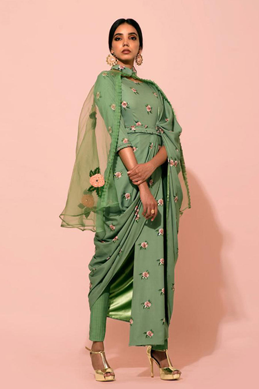 Seafoam Green Saree Dress with Cape