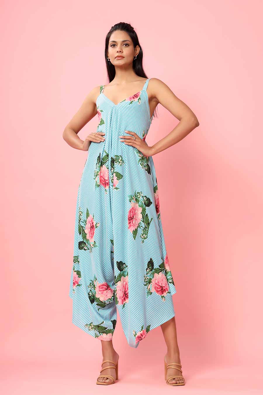 Blue Striped Floral Palazzo Jumpsuit