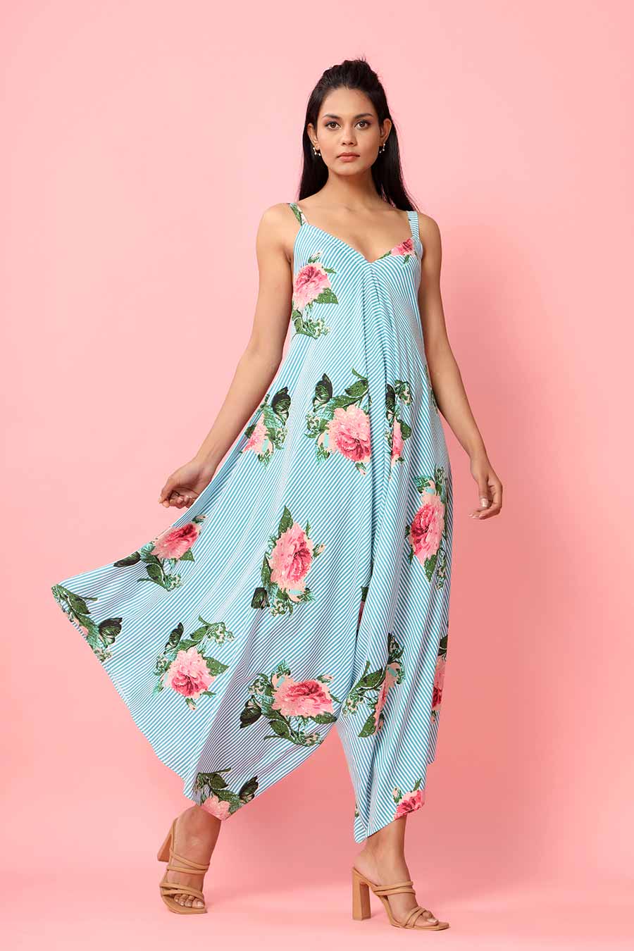 Blue Striped Floral Palazzo Jumpsuit
