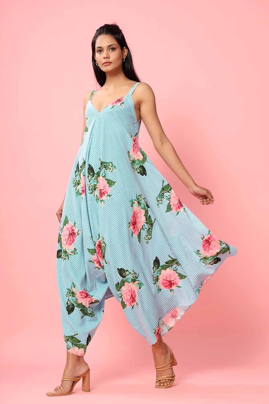 Blue Striped Floral Palazzo Jumpsuit