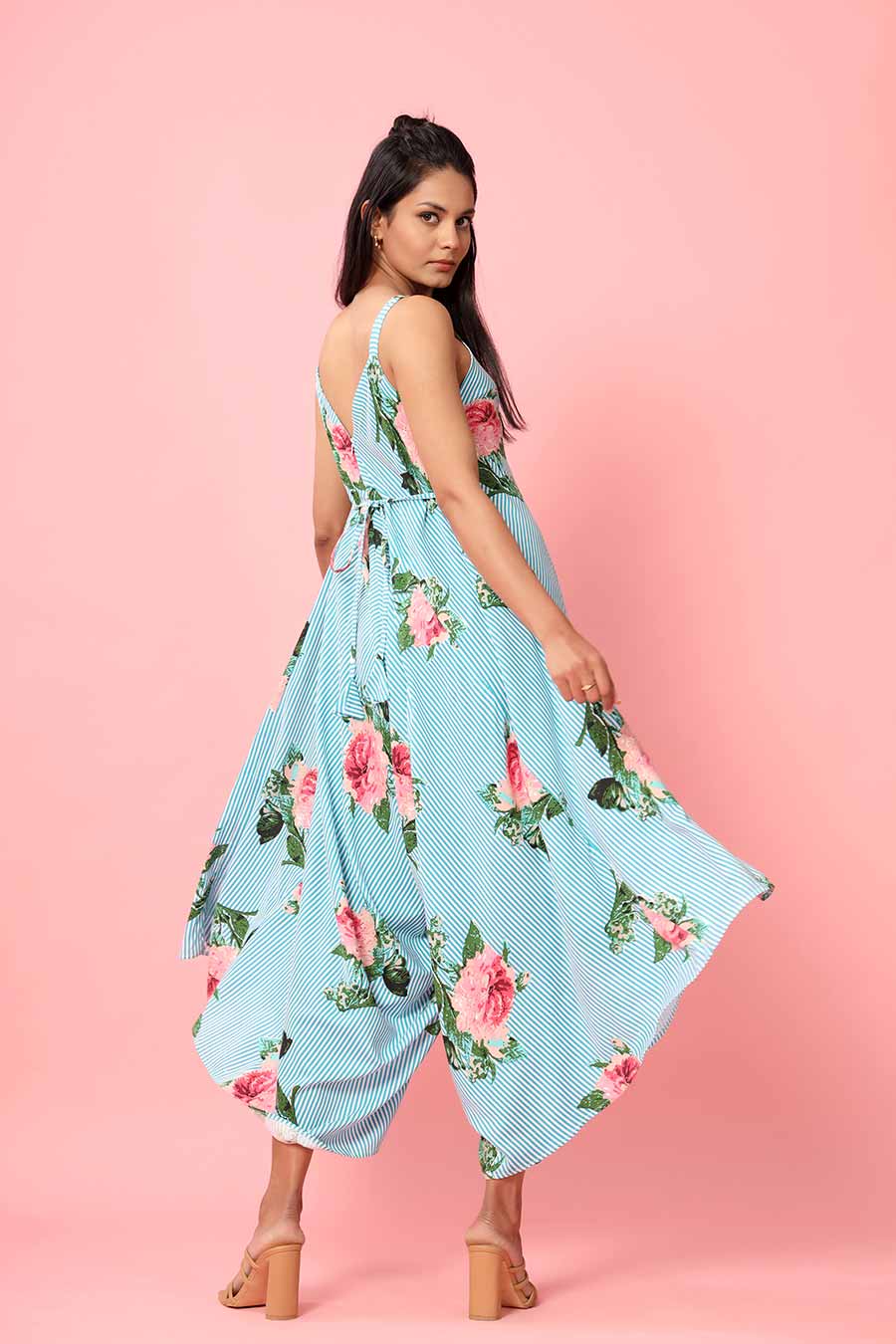Blue Striped Floral Palazzo Jumpsuit