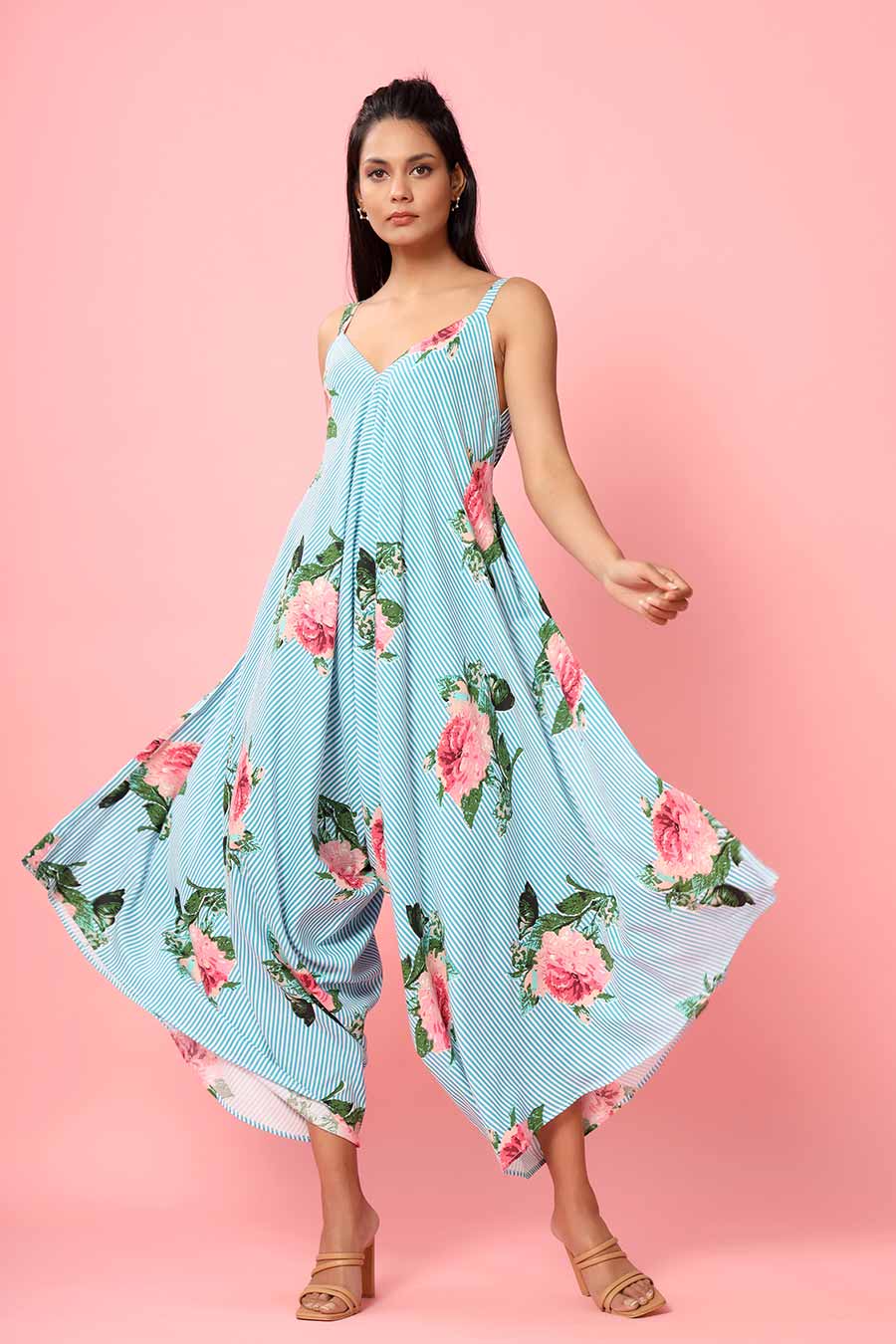Blue Striped Floral Palazzo Jumpsuit