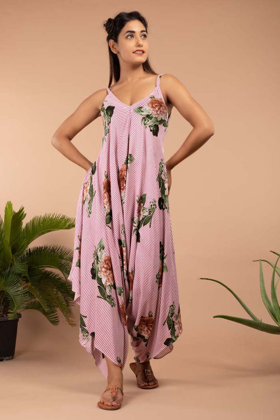 Pink Striped Floral Palazzo Jumpsuit